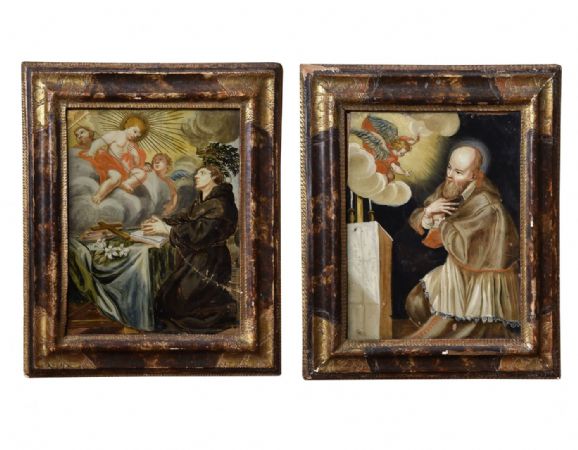Interesting pair of glass paintings within contemporary frames of the 17th century Marche
    